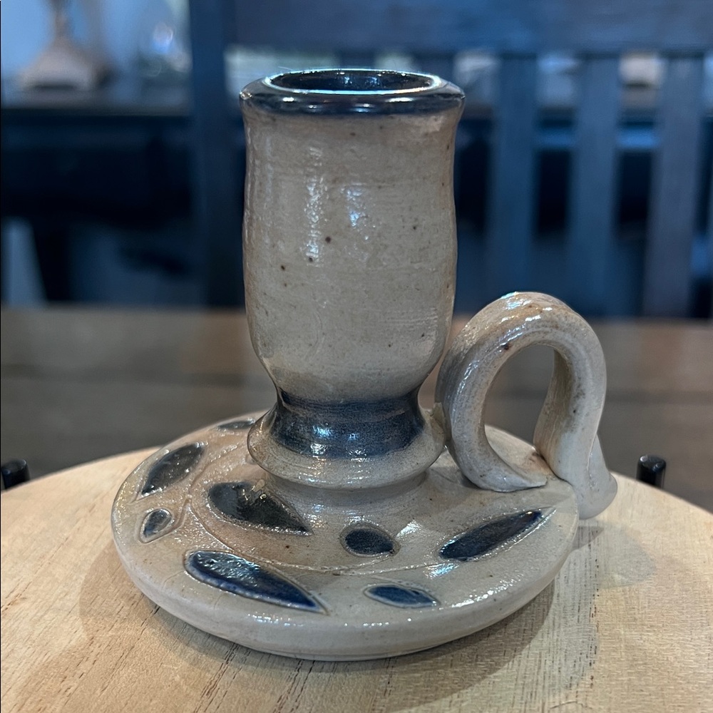 Handcrafted Ceramic Candle Holder Blue & Beige Leaf Pattern